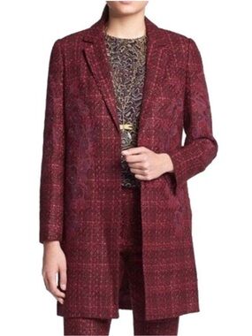 Tory Burch Patsy Glazed Tweed dark plum long line coat Size 2 appliqué embellish